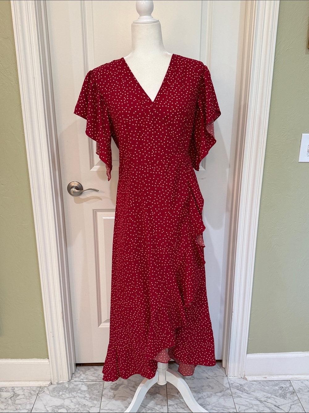 Red Polka Dot Flutter Sleeve Flowy Feminine Wrap Dress